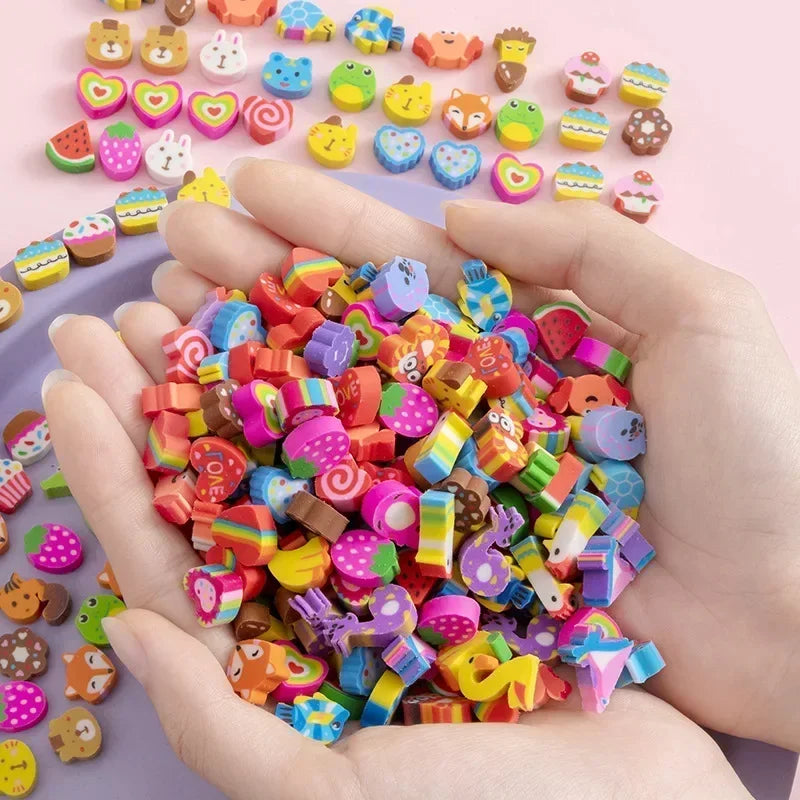 50pcs/bag Cute Fruits Animals Erasers Mini Rubber Erasers for Pencils Kids Kawaii Stationery Praise Gifts School Office Supplies